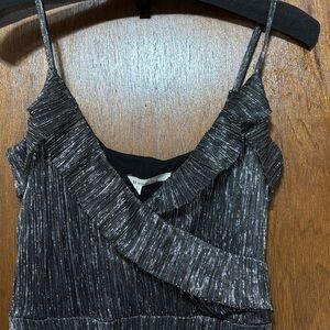 Metallic Black Ruffle Neckline Spaghetti strap Party Dress